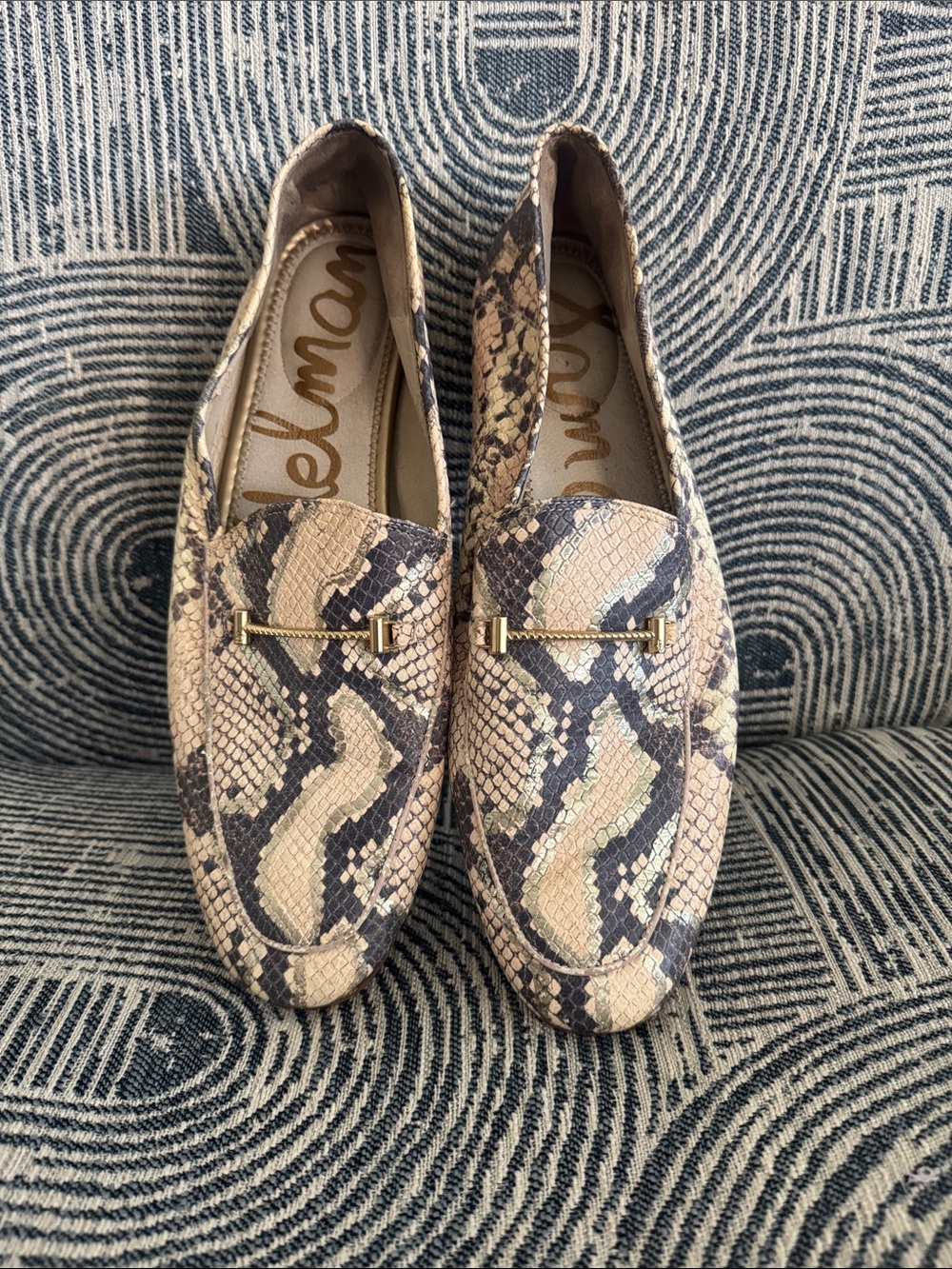 Sam Edelman Beige and Black Snake Loafers with Gold Bit Sz 13